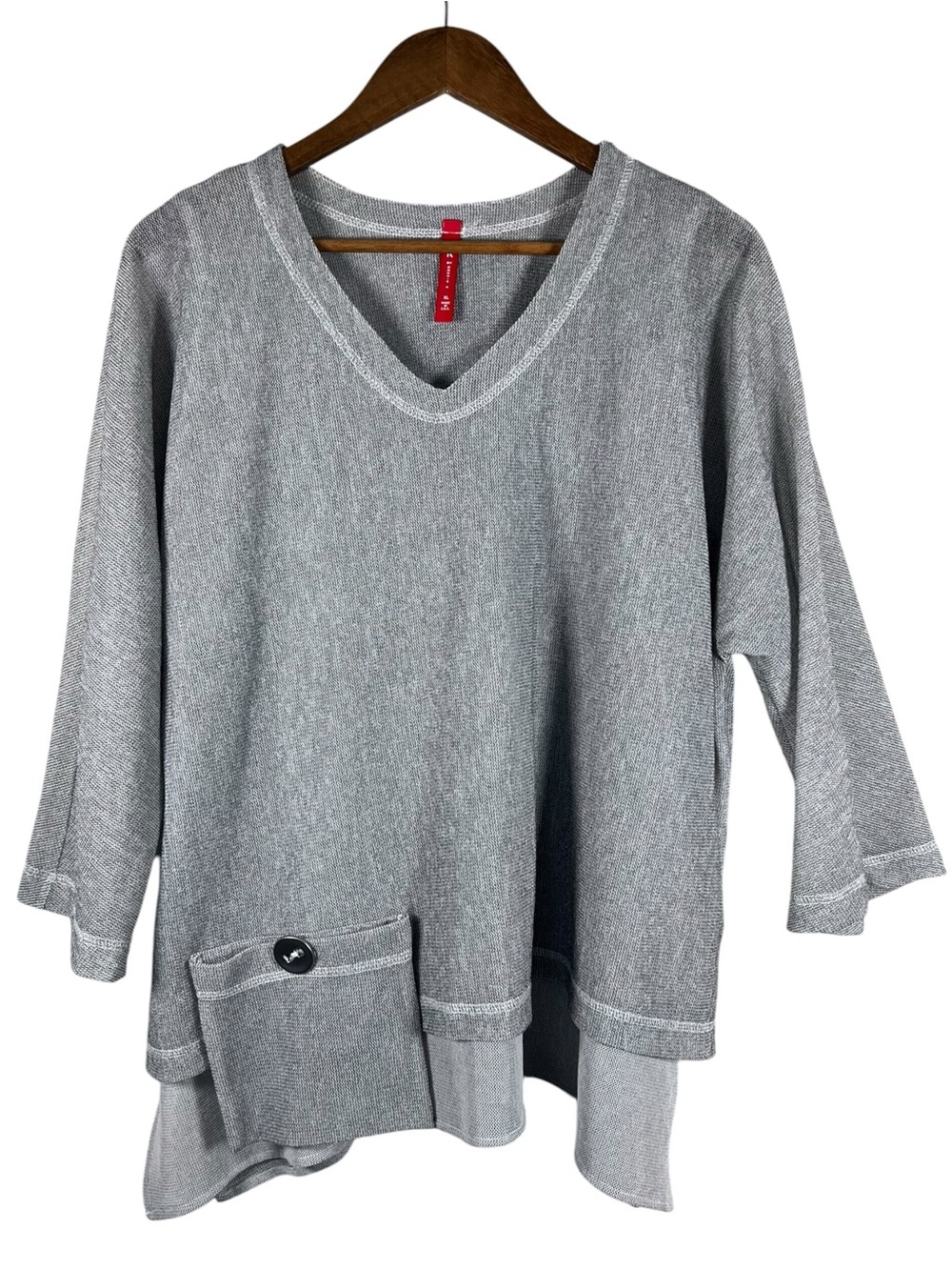 IC by Connie K Gray Lace Up Back High Low Tunic Women XL USA Lagenlook Artsy